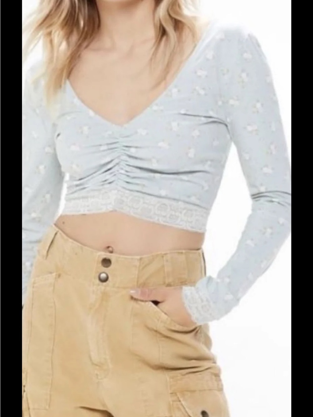 Urban Outfitters Light Blue Floral Ruched Lace-Trim Crop Top